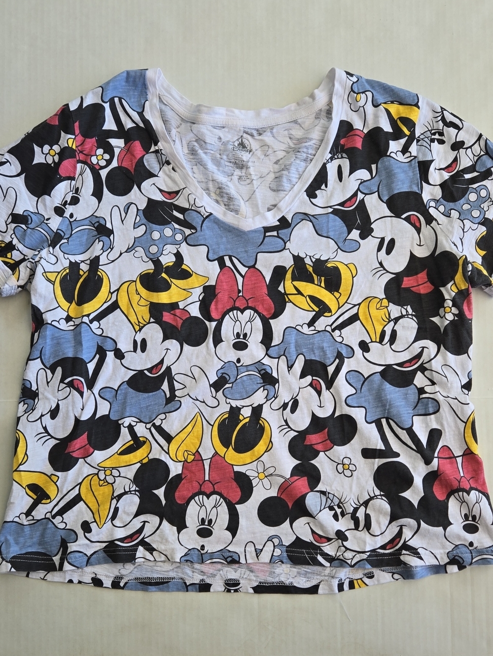 Disney Minnie Mouse V-Neck Tee White, Blue, Yellow, Pink, Black, Women's XL
